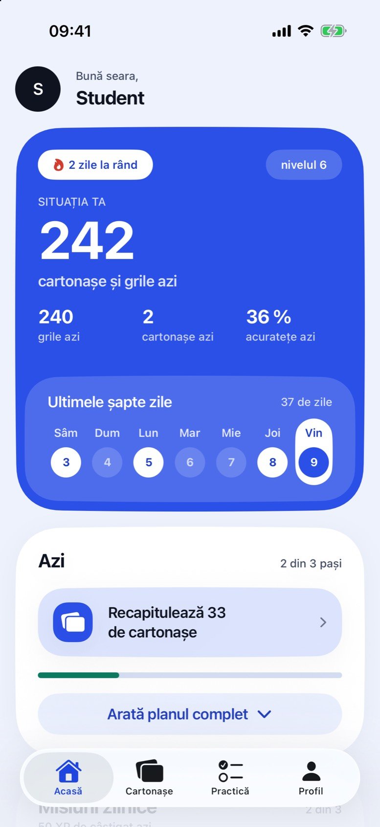 Ecranul Acasă din Medicoo: situația zilei, zilele la rând și planul de azi