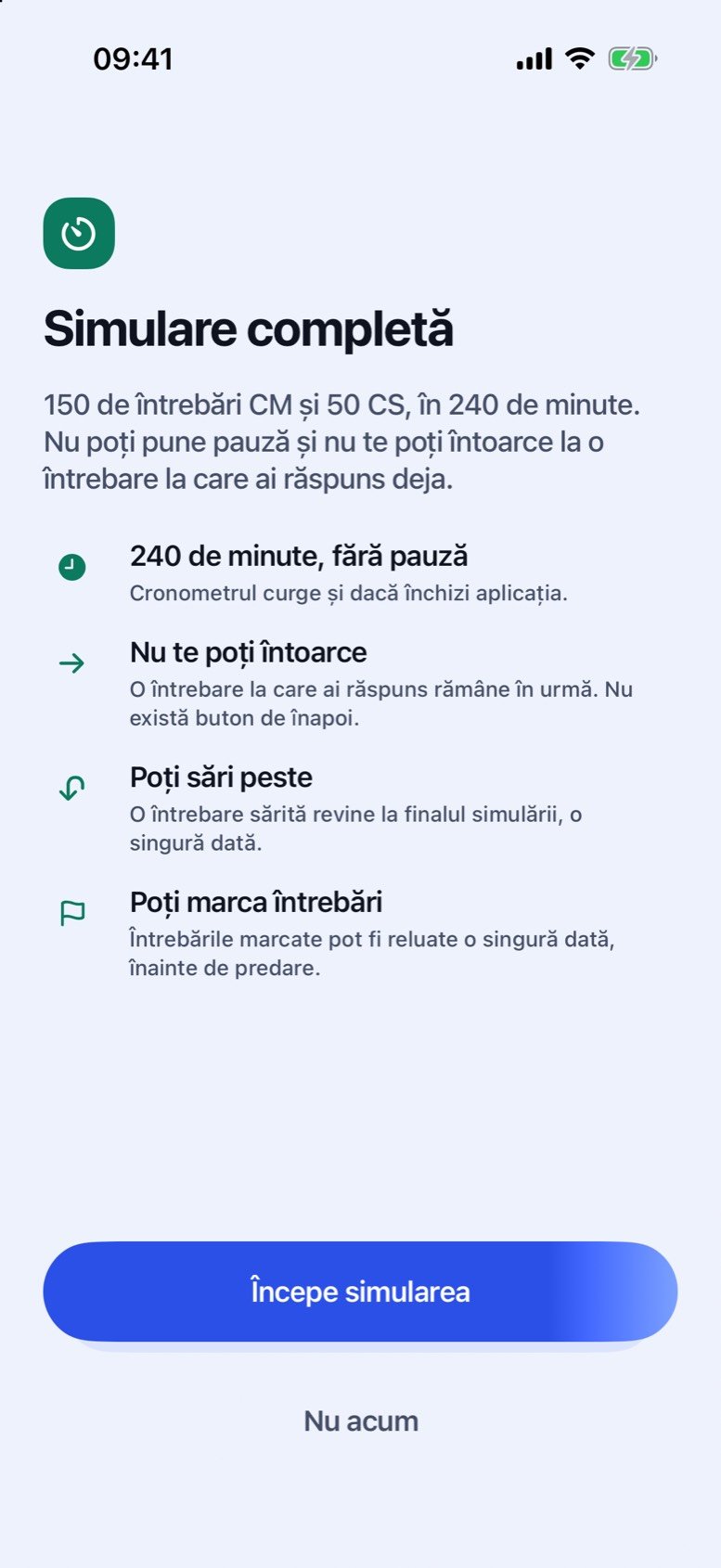 Ecranul de început al simulării complete din Medicoo: 150 de întrebări CM și 50 CS, în 240 de minute